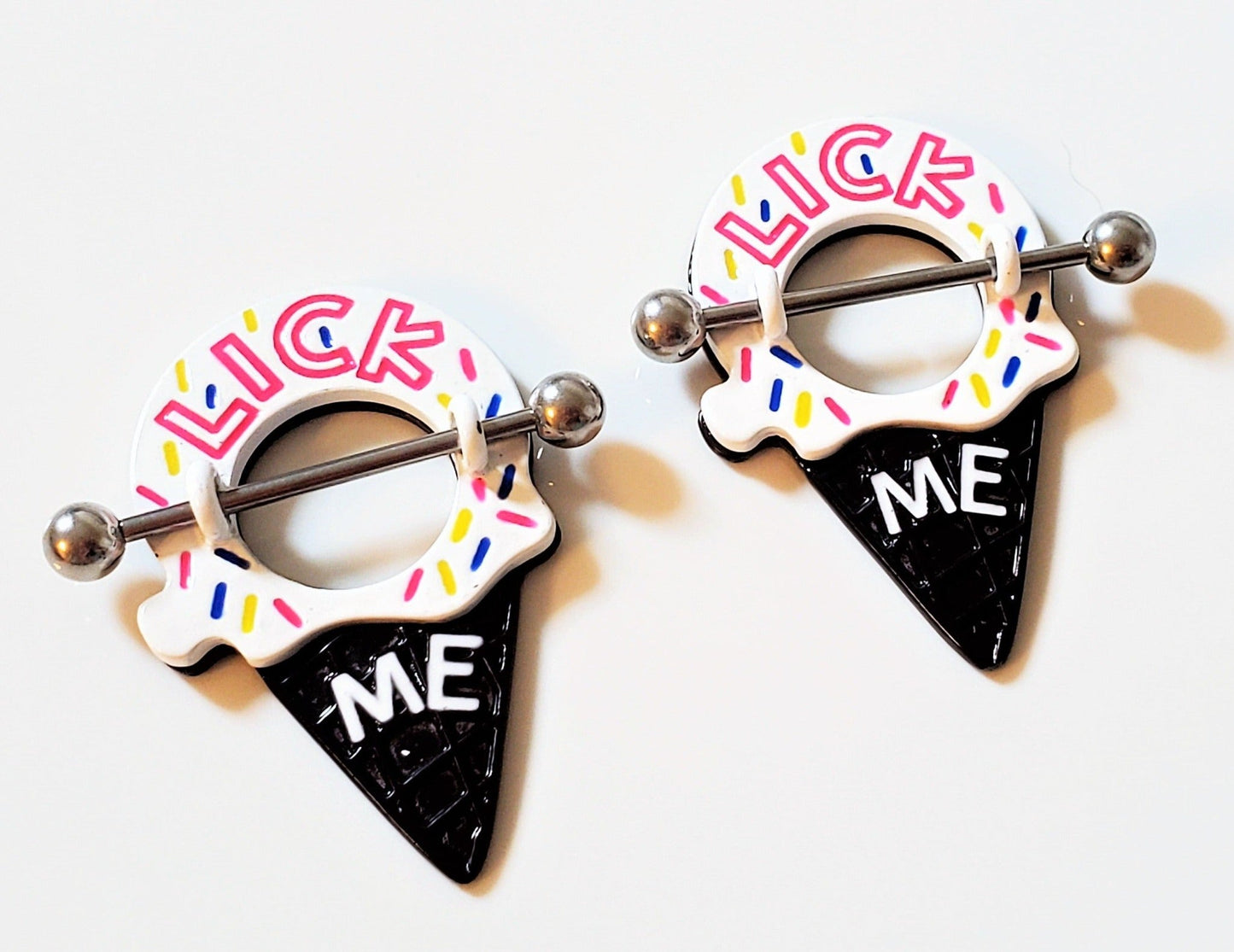 'Lick Me' Ice Cream Cone Pierced Nipple Rings 14G Sexy Nipple Barbell Jewelry