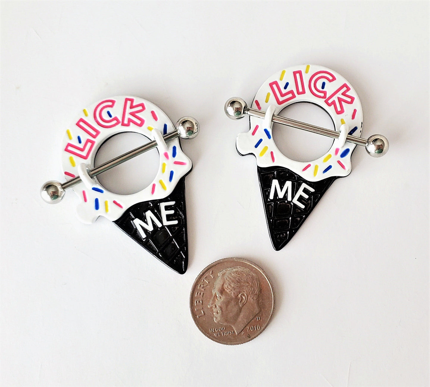 'Lick Me' Ice Cream Cone Pierced Nipple Rings 14G Sexy Nipple Barbell Jewelry